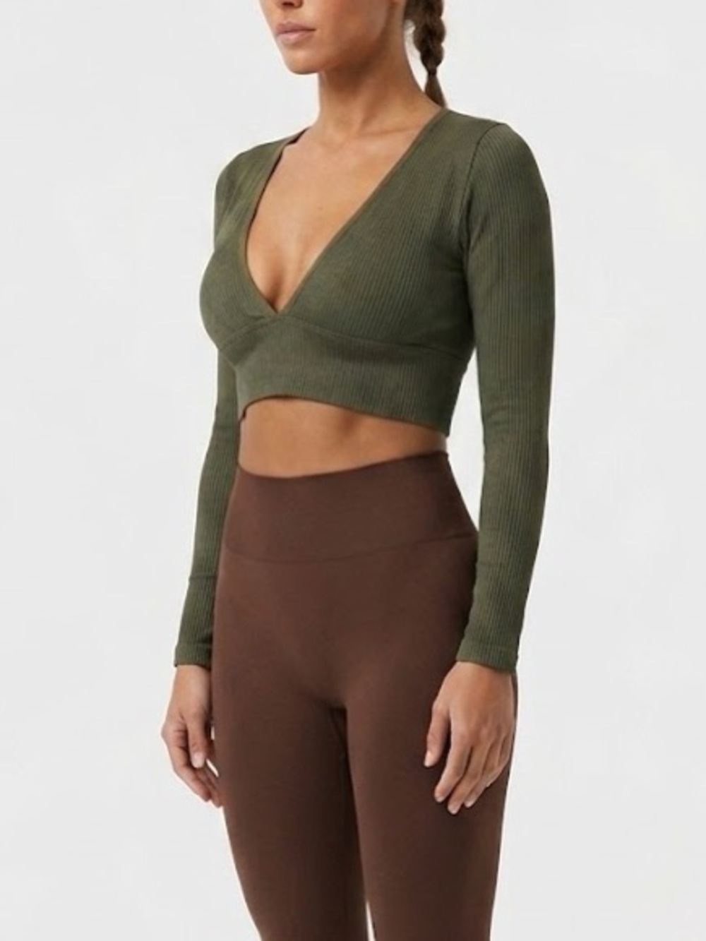 Garage Ribbed Olive Green Deep V Crop Top